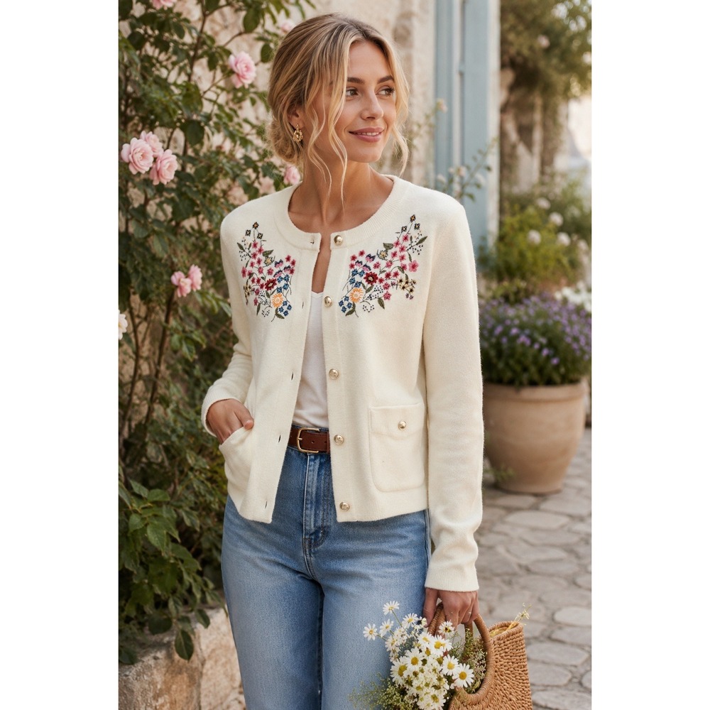 NWT Anthropologie NVLT Button Front Embroidered Knit Lady Jacket Ivory M - Picture 2 of 13